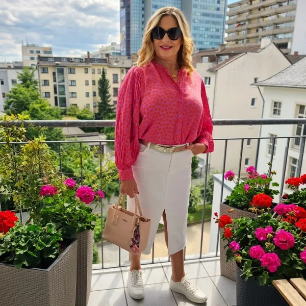 White Denim Midi Skirt with Vibrant Printed Blouse