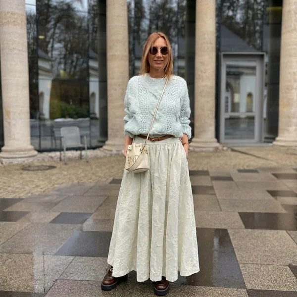 Textured Jacquard Maxi Skirt with Cable-Knit Sweater