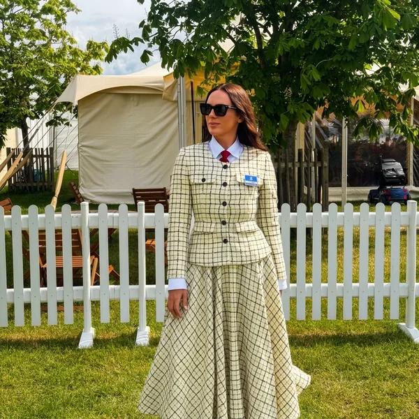 Cream Grid-Print Tailored Skirt Suit