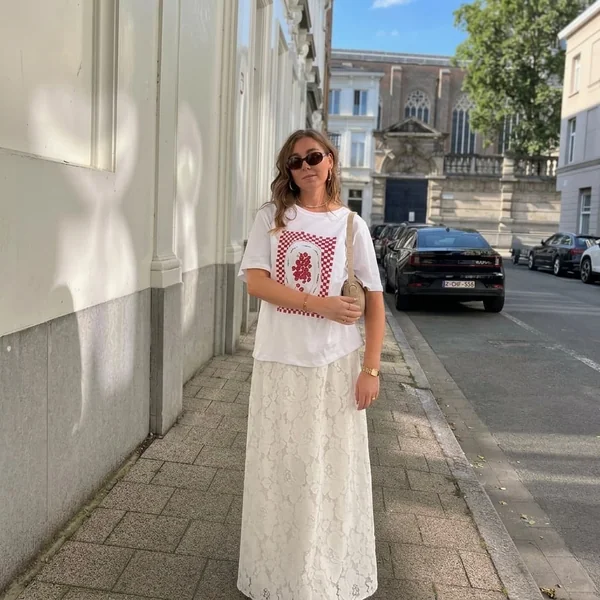 Graphic Tee and Column Lace Maxi Skirt