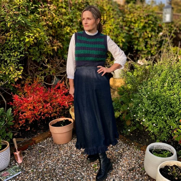Ruffled Dark-Wash Denim Maxi with Cropped Cable Vest