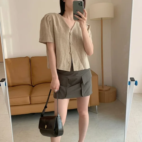 Linen Blouse and Olive Cargo Mini Skirt