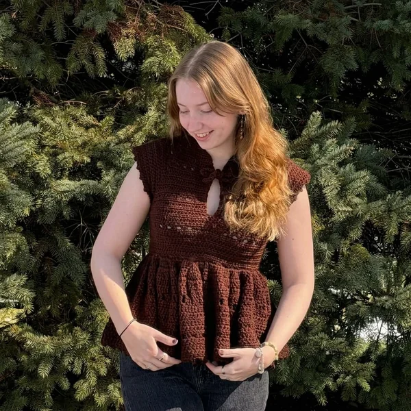 Mustard Bell-Sleeve Crochet Top and Retro Mini Skirt