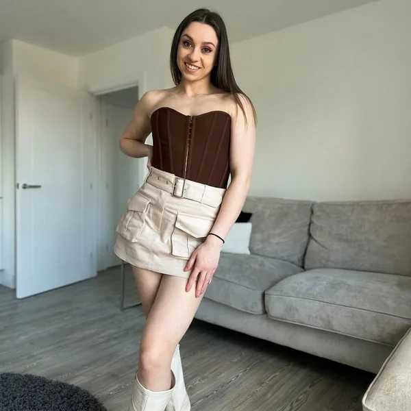Strapless Mesh-Panel Corset and Faux-Leather Cargo Skirt