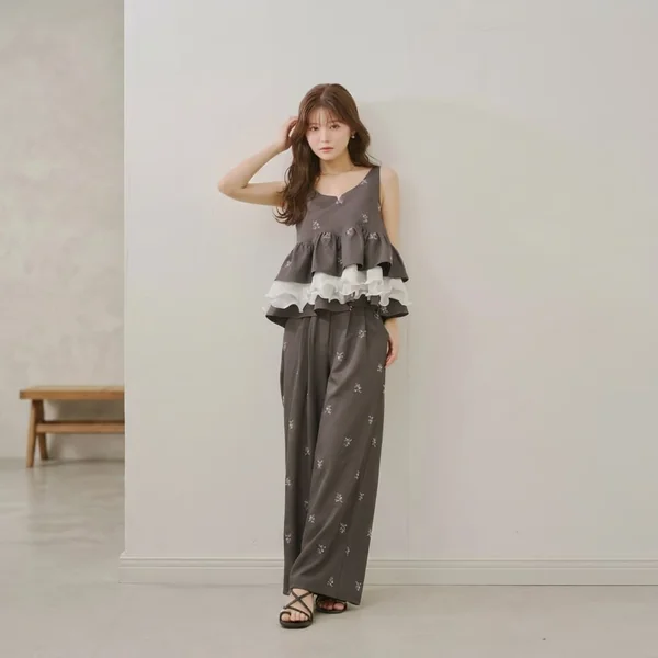 Tiered Charcoal Peplum and Matching Wide-Leg Trousers