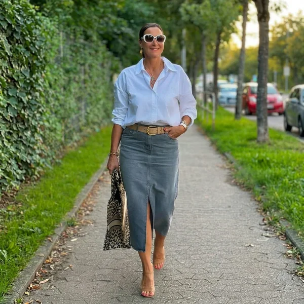 Midi Denim Skirt with White Button-Down