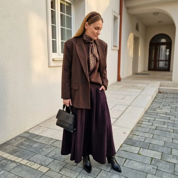 Deep Plum Corduroy Maxi Skirt with Tailored Blazer