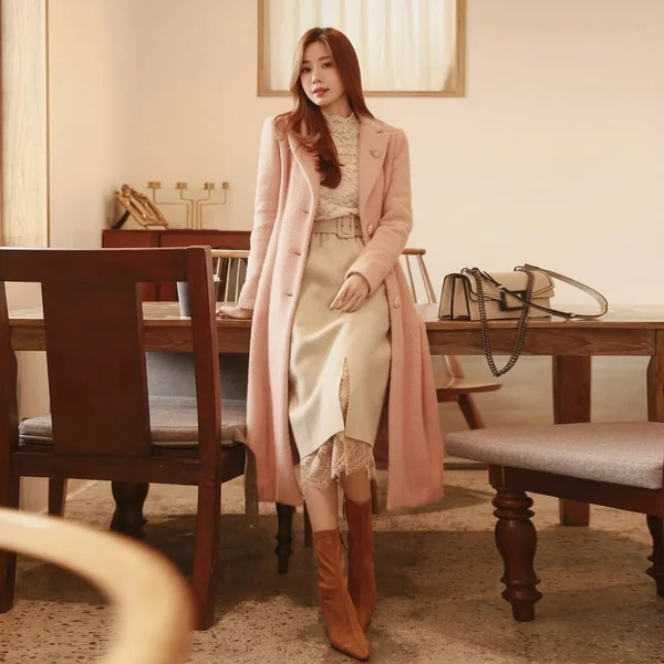 Pastel Wool Coat & Layered Lace Midi