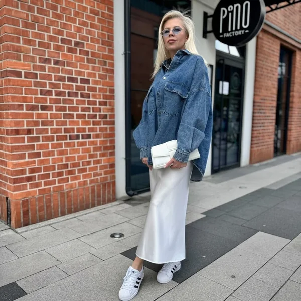 Denim and White Satin Skirt Styling