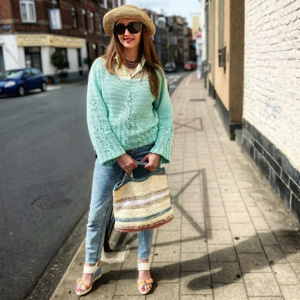 Brown Peplum Crochet Top and Dark Wash Jeans
