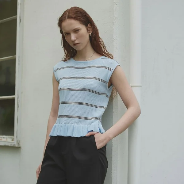 Striped Peplum Knit Top and Tailored Trousers
