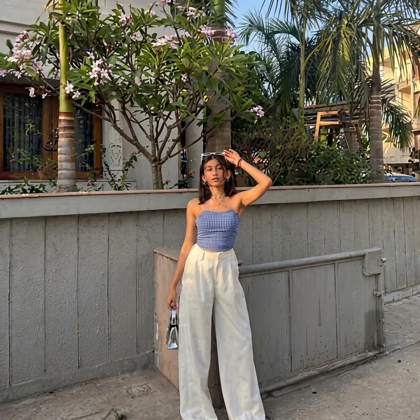 Gingham Tube Top and Wide-Leg Trousers
