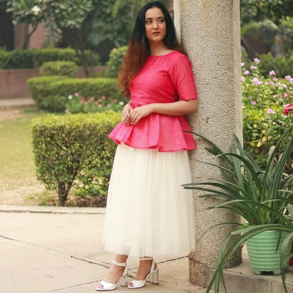 Festive Pink Peplum with Cream Tulle Skirt