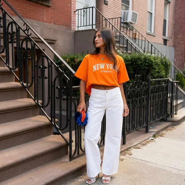 Cropped Orange Tee and White Wide-Leg Denim