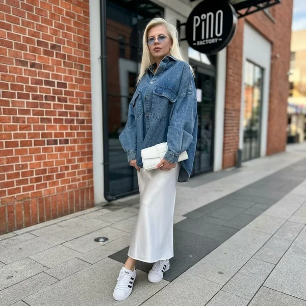 Denim and White Satin Skirt Styling