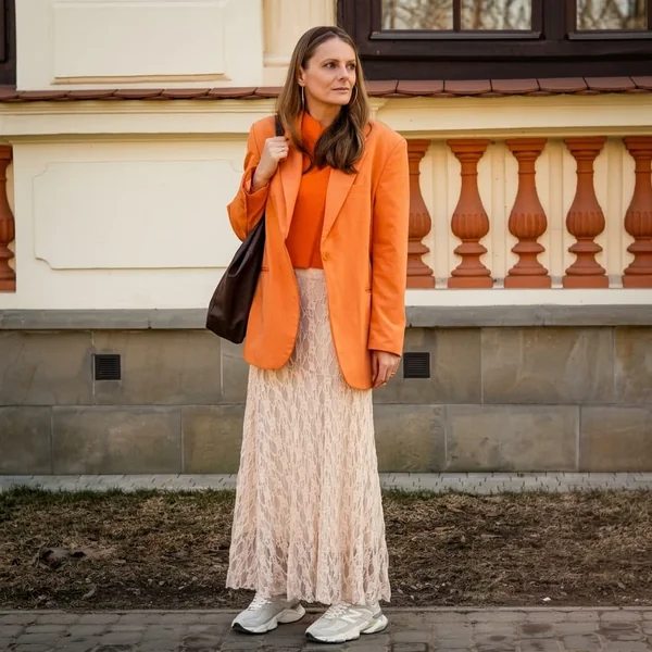 Cream Lace Maxi Skirt with Vibrant Tangerine Blazer