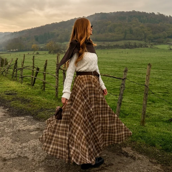 Brown Plaid A-Line Maxi Skirt