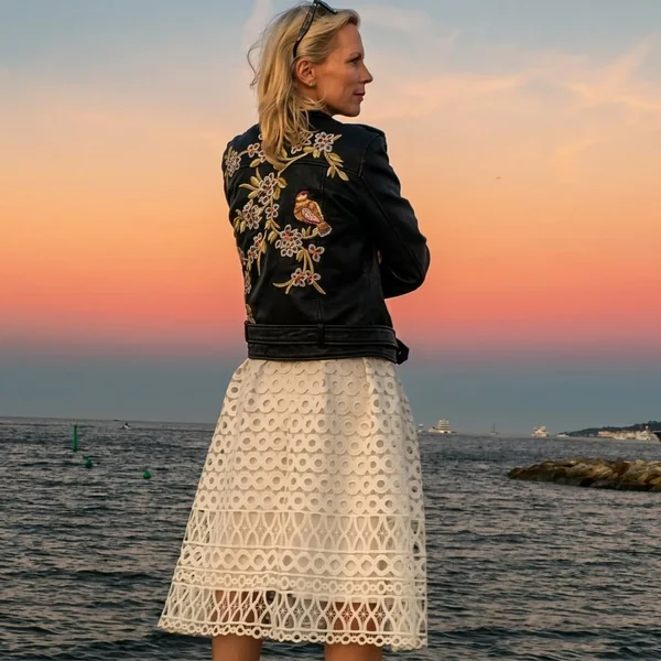 Eyelet Lace Midi Skirt with Embroidered Leather Jacket