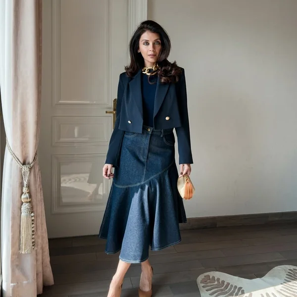 Asymmetrical Flared Denim Midi with Cropped Blazer