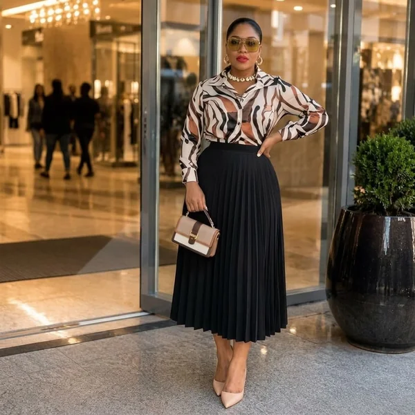 Zebra Print Blouse with Black Pleated Midi
