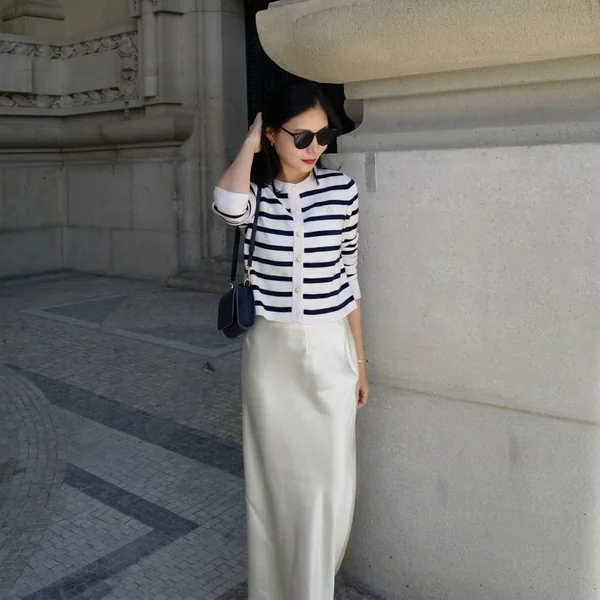 Striped Cardigan and White Satin Skirt