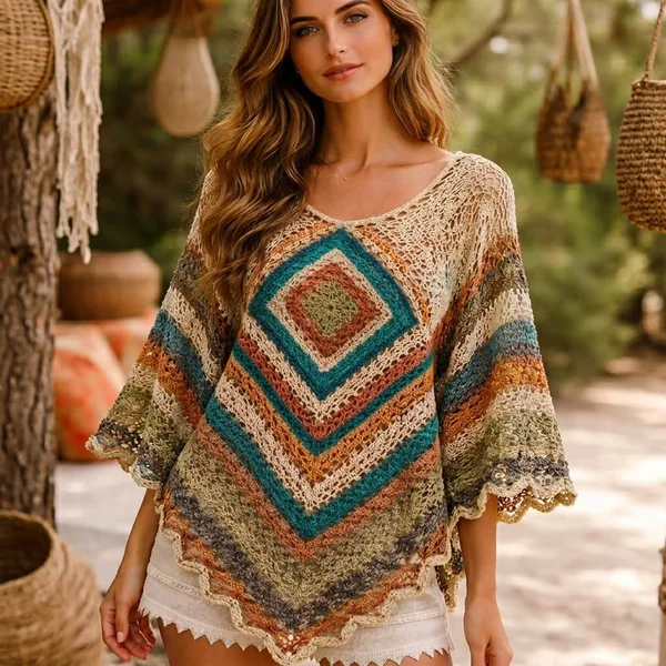 Mint Long-Sleeve Crochet Sweater and Light Wash Jeans