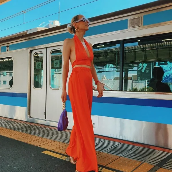 Vibrant Orange Halter Two-Piece Set