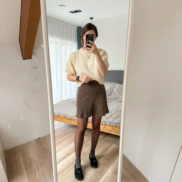 Flared Brown Suede Mini Skirt and Cream Knit