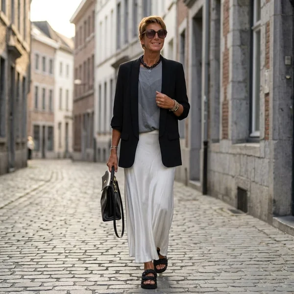 Tailored Blazer and White Satin Skirt