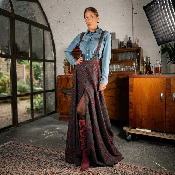 Plaid Suspender Maxi Skirt with Denim Button-Down