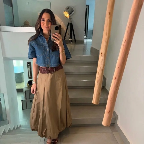 Cropped Denim Shirt and Bubble-Hem Maxi Skirt