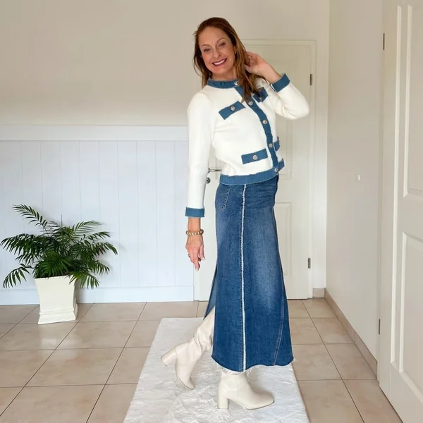 Panel-Detail Denim Maxi with Contrast-Trim Cardigan