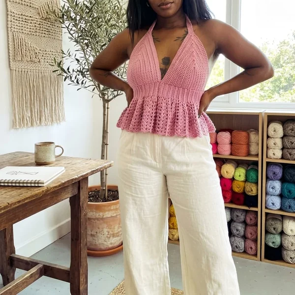 Earthy Geometric Crochet Poncho Top and Linen Shorts