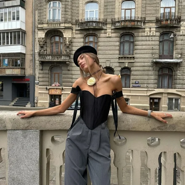 Off-The-Shoulder Ribbon Corset and Pleated Trousers