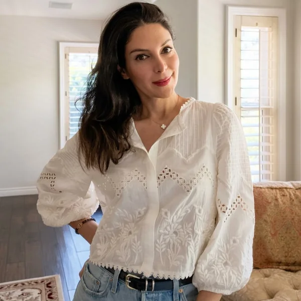 White Eyelet Lace Blouse and Light-Wash Jeans