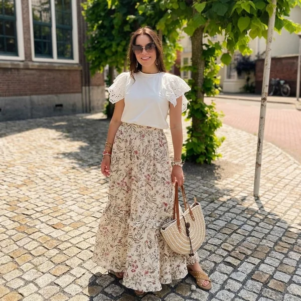 White Eyelet Flutter-Sleeve Top with Floral Maxi Skirt