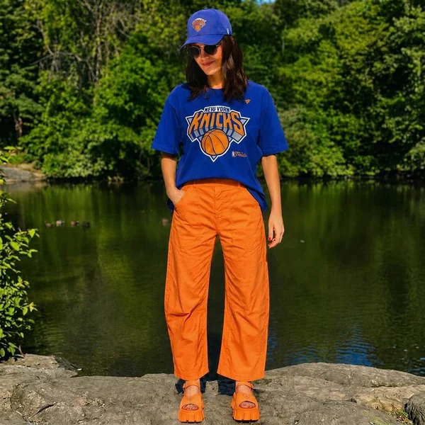 Oversized Knicks Tee and Bright Orange Utility Pants