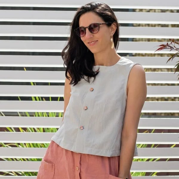 Sleeveless Button-Detail Pinstripe Top
