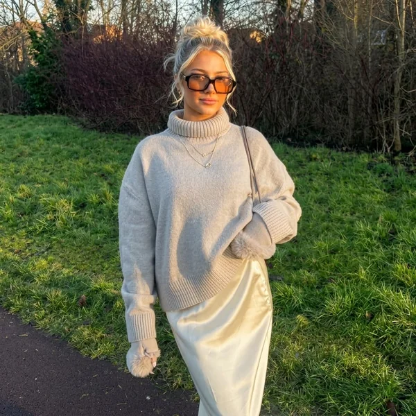Turtleneck Knit and White Satin Skirt