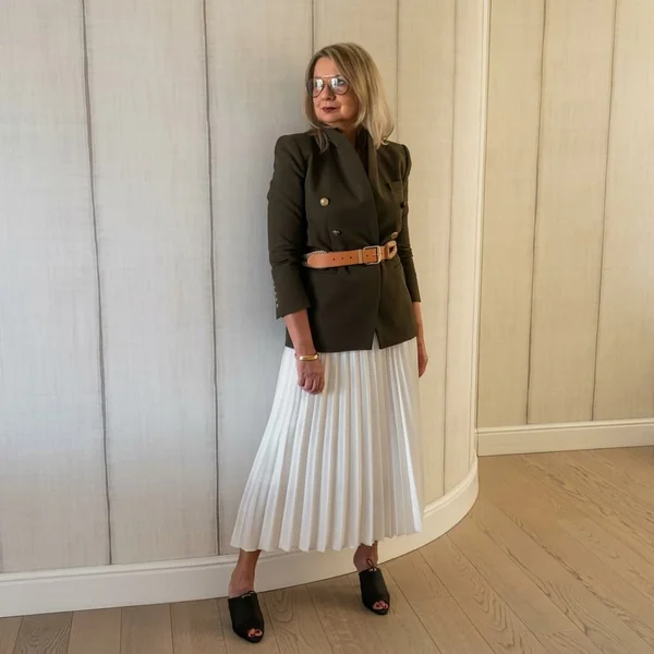 Pleated White Maxi Skirt with Tailored Olive Blazer