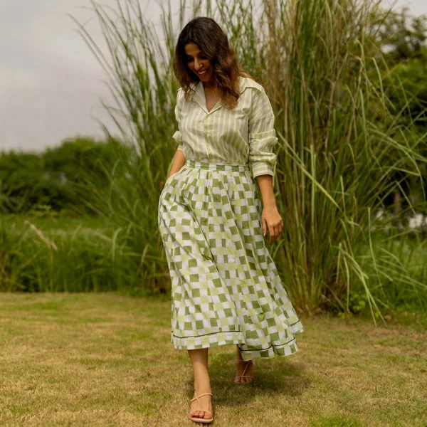 Green Checkered Pleated Midi Skirt