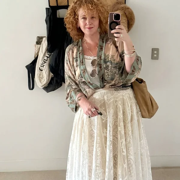 Lace Maxi Skirt and Printed Kimono Jacket