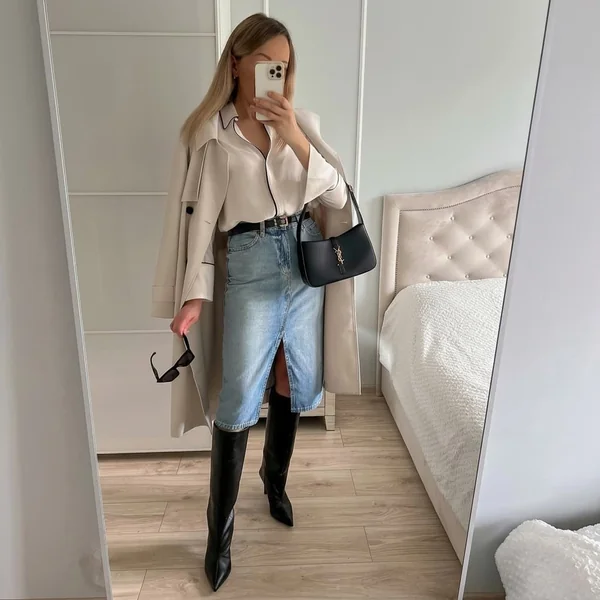 Light-Wash Denim Midi Skirt with Neutral Trench Coat