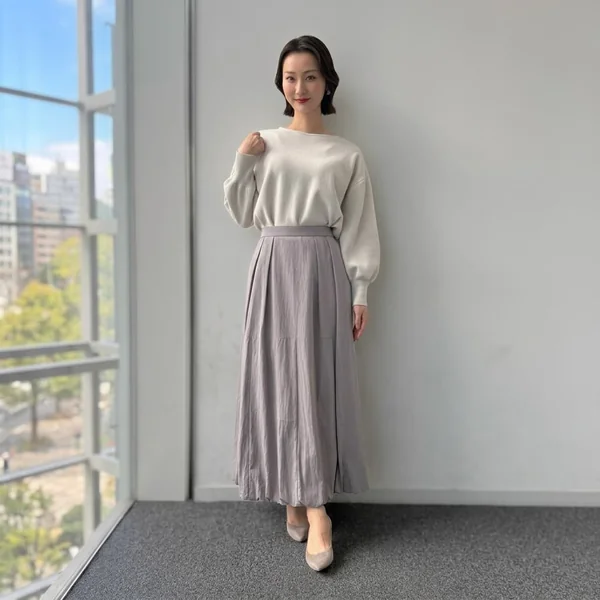 Cream Knit Sweater and Muted Lavender Maxi Skirt