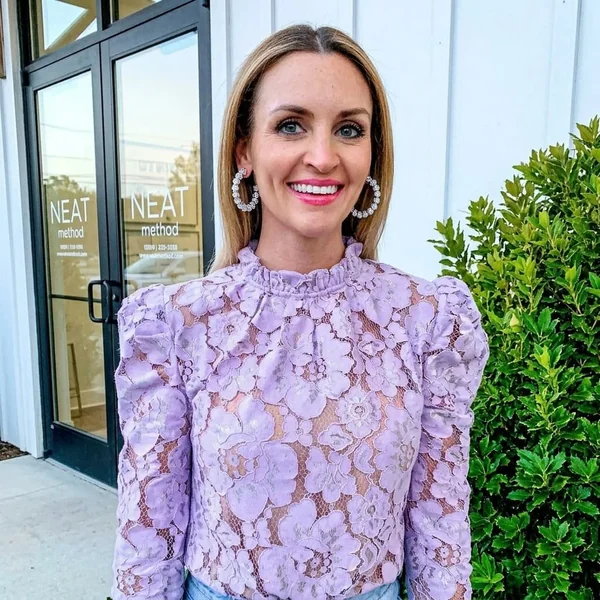 Lavender High-Neck Lace Top with Light-Wash Jeans