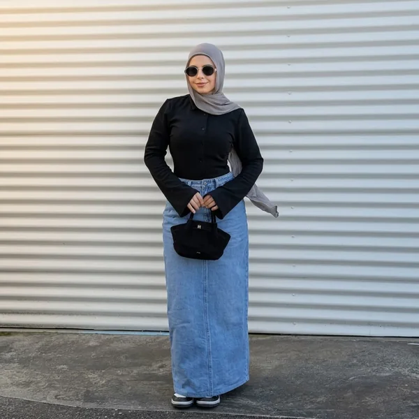 Column Denim Maxi Skirt with Structured Black Shirt