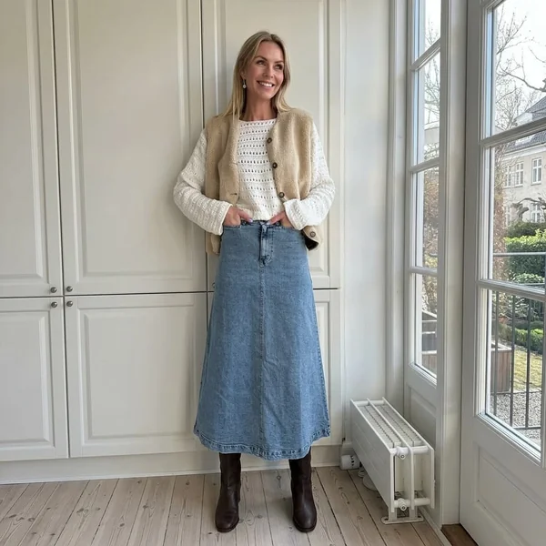 Mid-Wash A-Line Denim Maxi with Shearling Vest