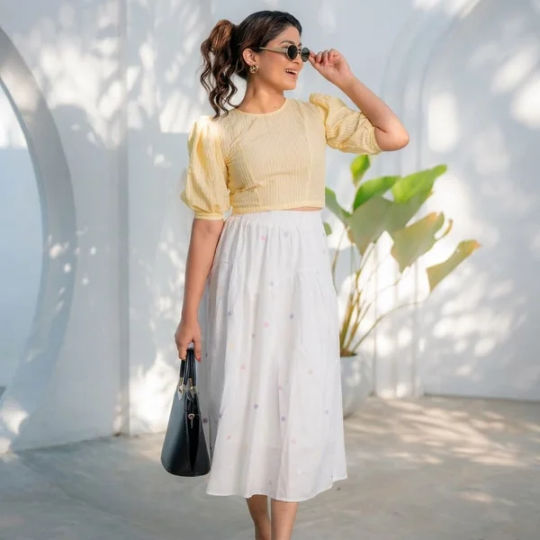 Yellow Puff-Sleeve Top and Embroidered White Midi Skirt