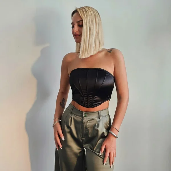 Strapless Satin Corset Top and Pleated Satin Trousers