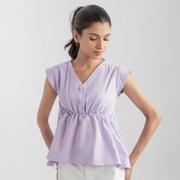 Lavender V-Neck Peplum and White Trousers